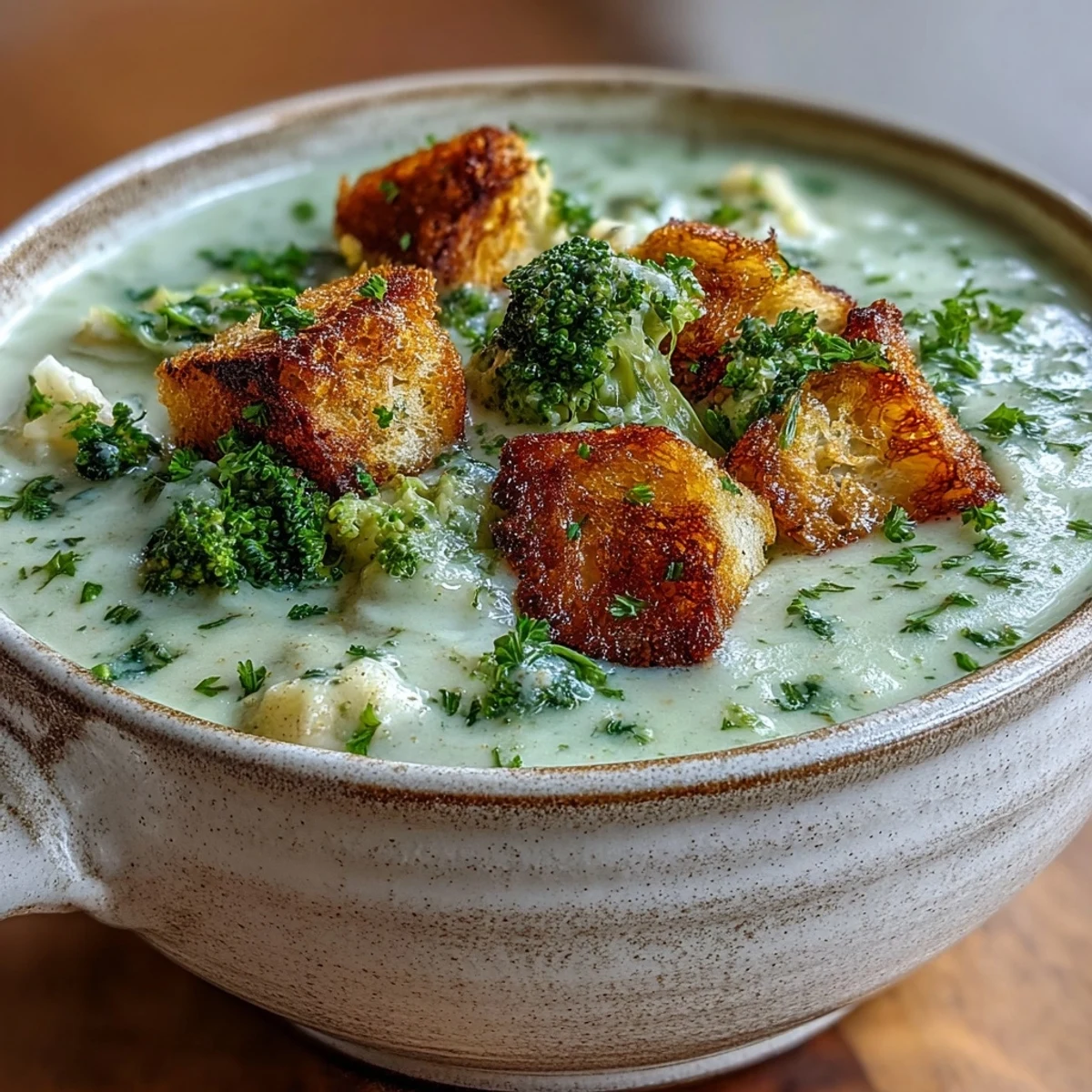 Steaming bowl of cauliflower and broccoli soup, featuring tender vegetable florets, herbs, and crunchy garlic croutons.  