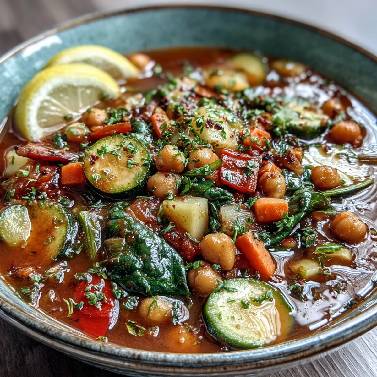A close-up of the vibrant Chickpea Stew, with tender chickpeas and colorful vegetables simmering in a rich, spiced broth.