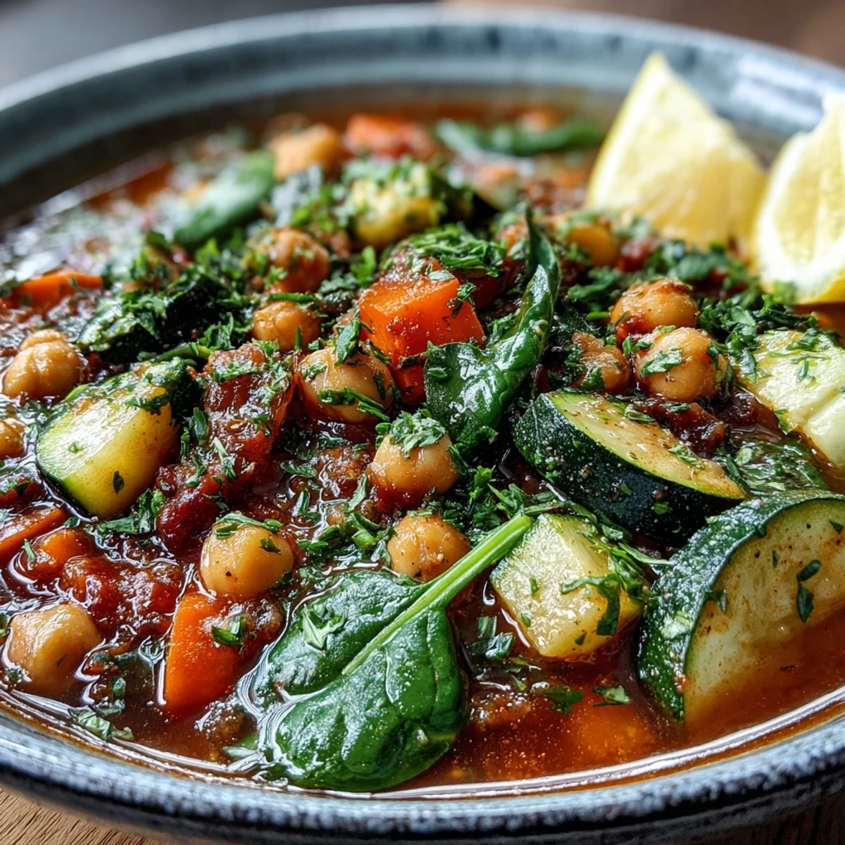 Steaming bowl of Chickpea Stew garnished with fresh parsley, ready to serve with a lemon wedge on the side.