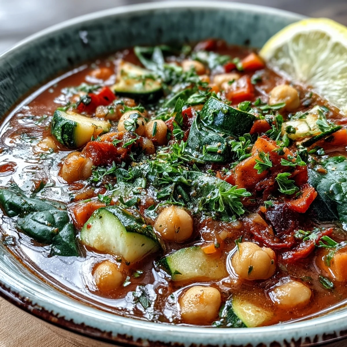 Spoon lifting a hearty serving of Chickpea Stew from a pot, showcasing the spinach and diced tomatoes.
