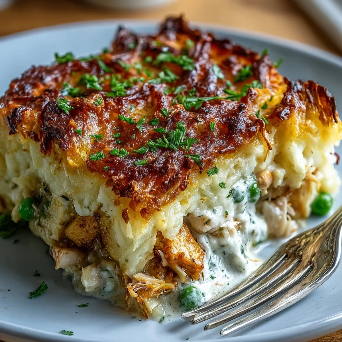 Golden, crispy mashed potato topping covers a creamy curried fish pie with shrimp and peas, steaming on a plate.