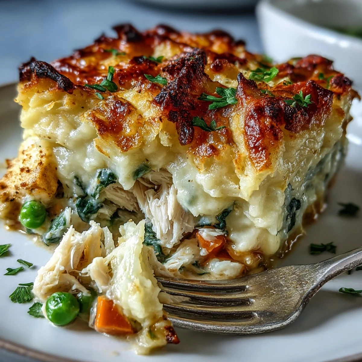 A spoon lifts a serving of curried fish pie, showing fluffy potatoes and a creamy, spice-infused seafood filling.