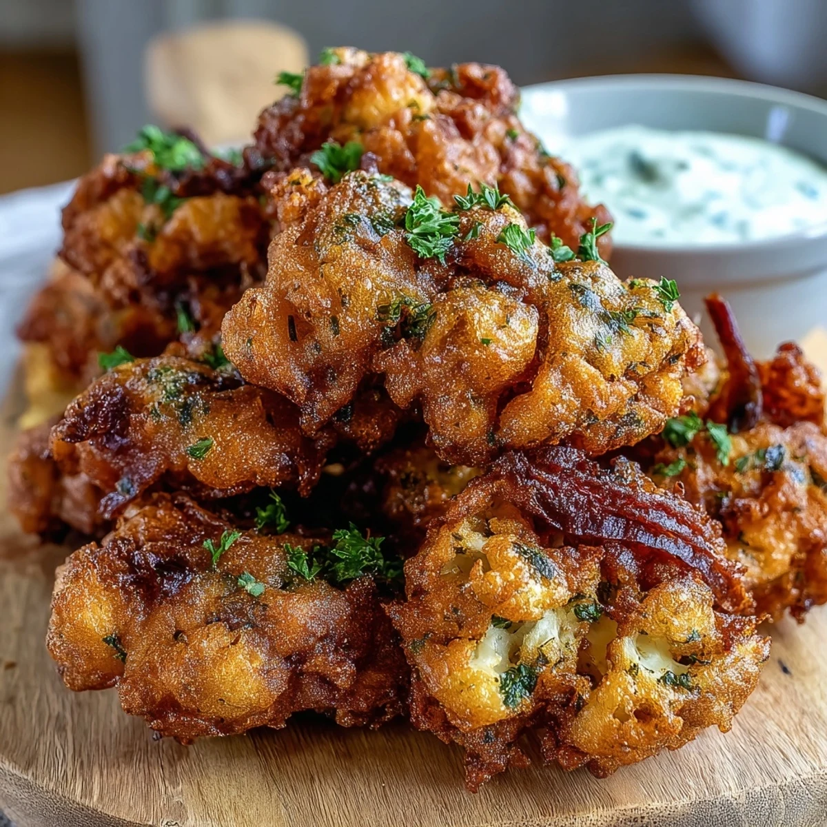 Crispy golden Cauliflower Bhajis served with a cool mint yogurt dip for dipping.