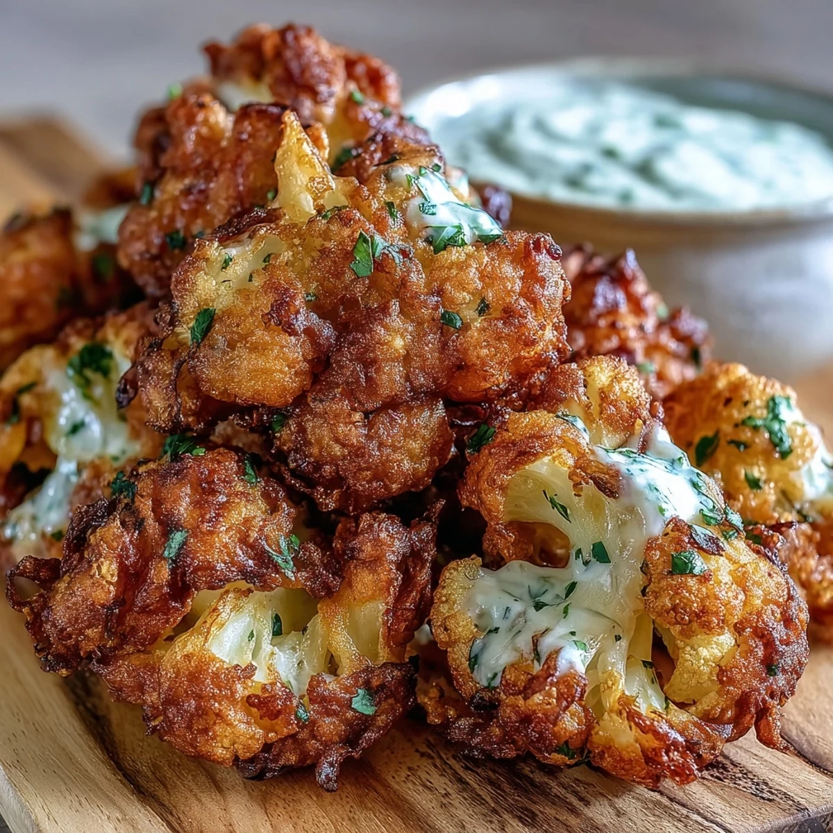 Freshly fried Indian-inspired Cauliflower Bhajis stacked high with vibrant cilantro garnish.