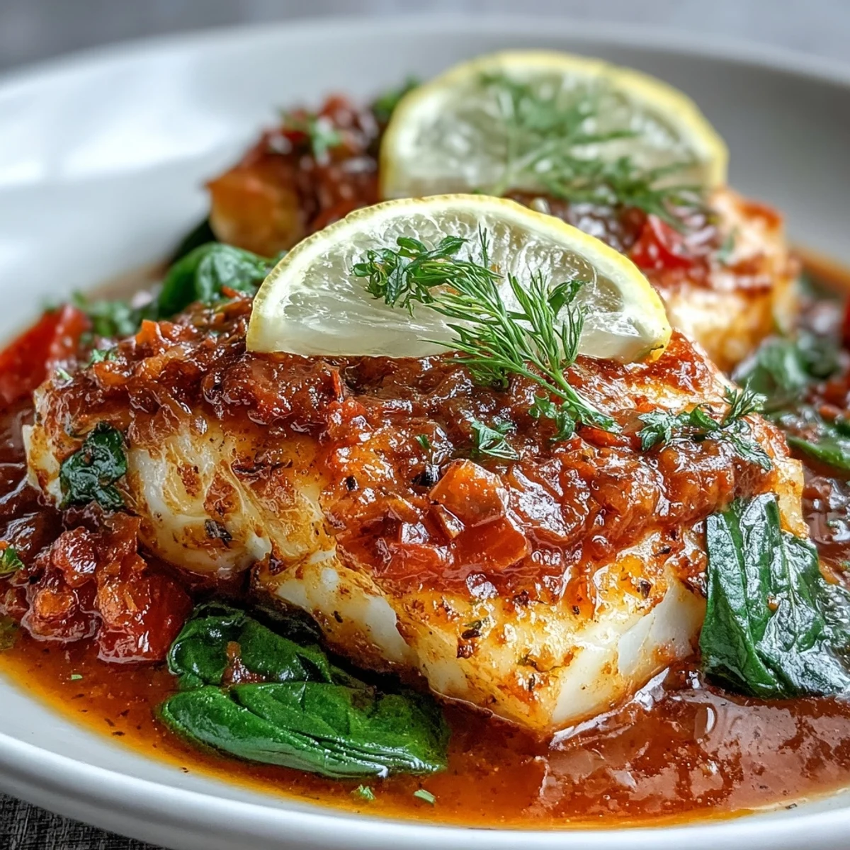 Serving suggestion for Spiced Cod One Pot in a rustic bowl, garnished with cilantro and lemon wedges.
