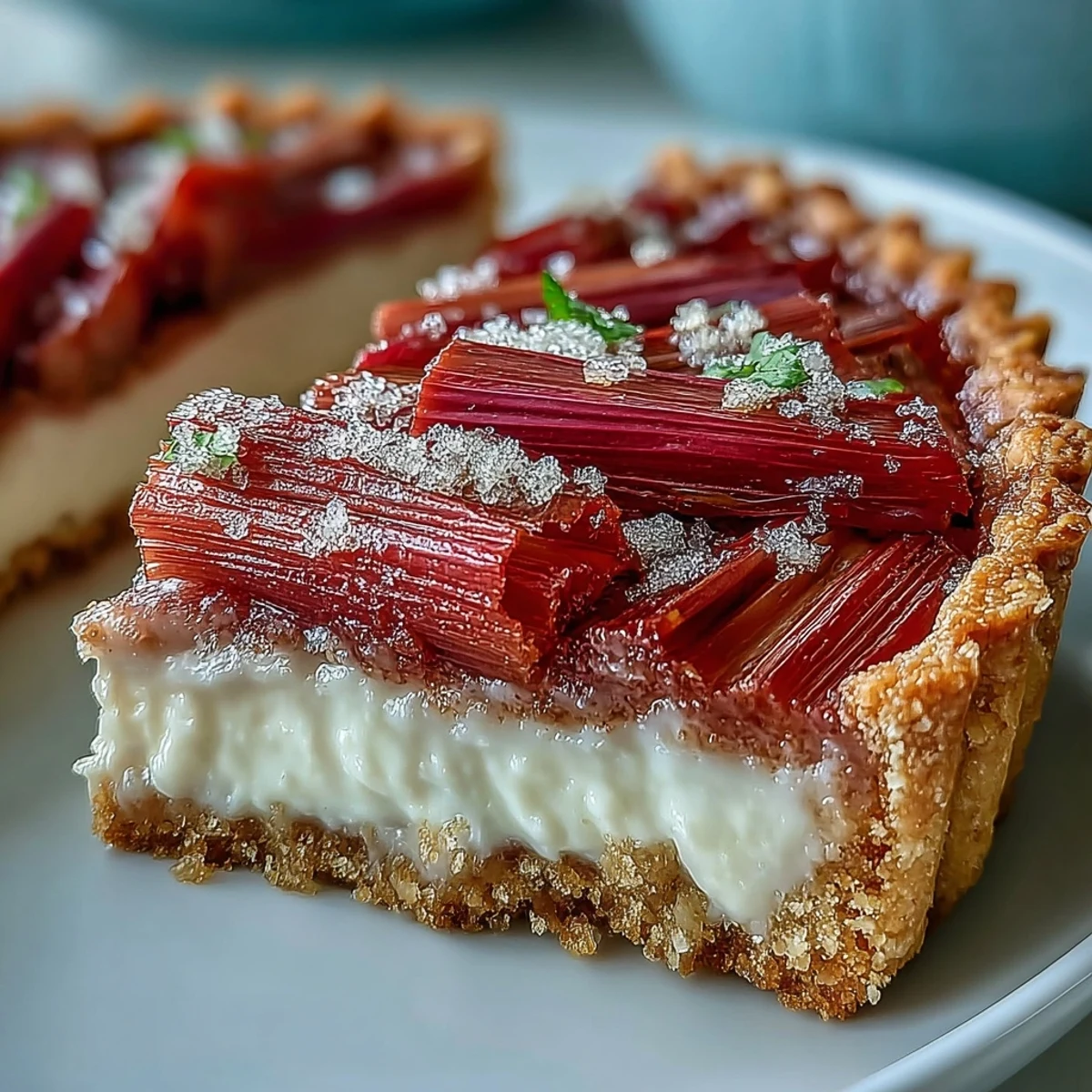 White chocolate and elderflower custard fills a golden tart crust, topped with tangy roasted rhubarb batons on a white plate.