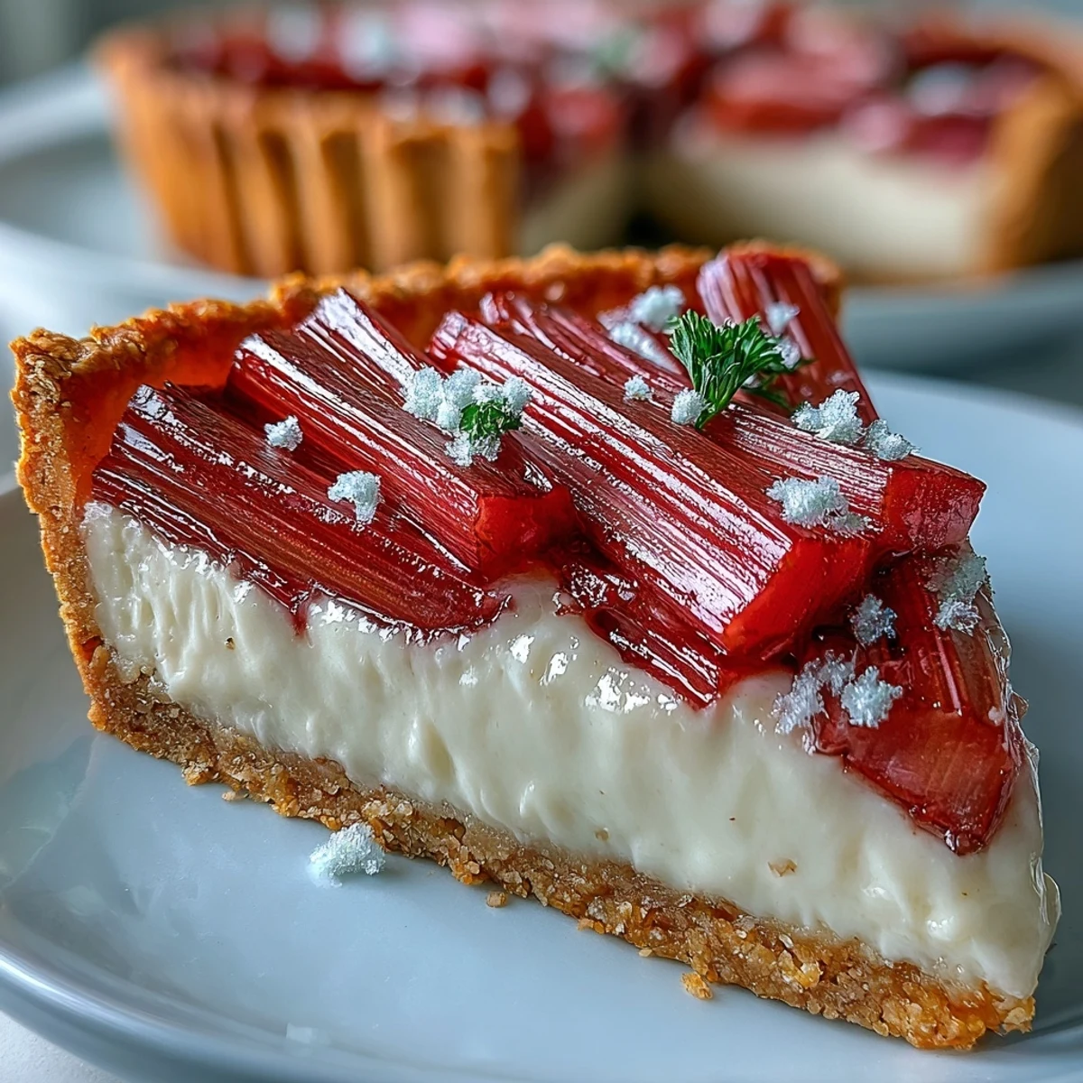 A slice of white chocolate and elderflower tart reveals roasted rhubarb topping on a creamy custard filling.