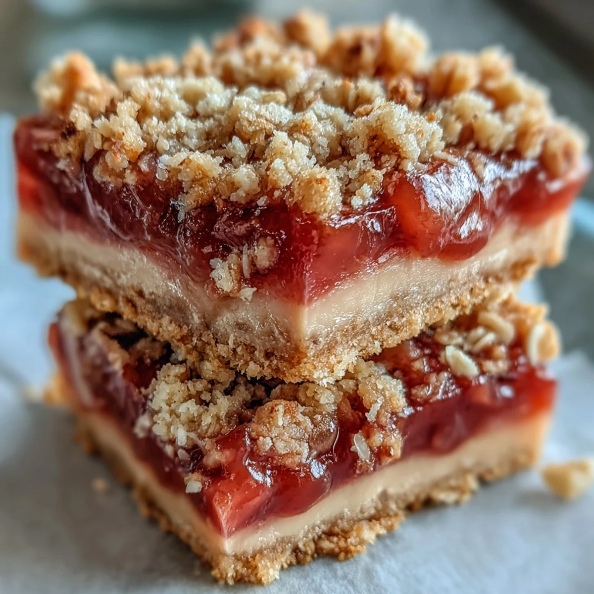 Golden baked Rhubarb and Custard Crumble Bars with a buttery oat topping on a cooling rack.