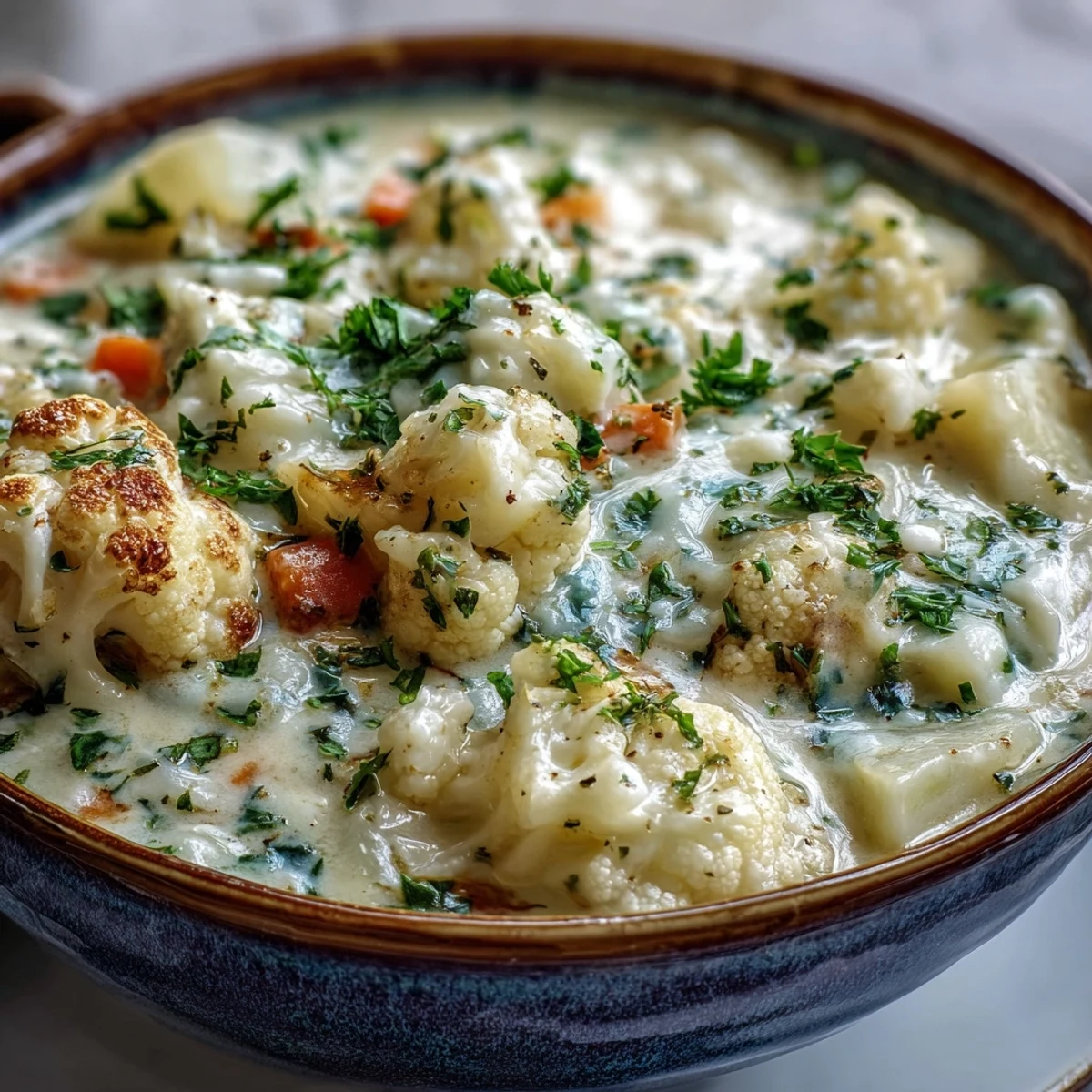 Steam rises from this cozy Vegetarian Cauliflower Chowder, with chunky potatoes and carrots visible in a rich broth.