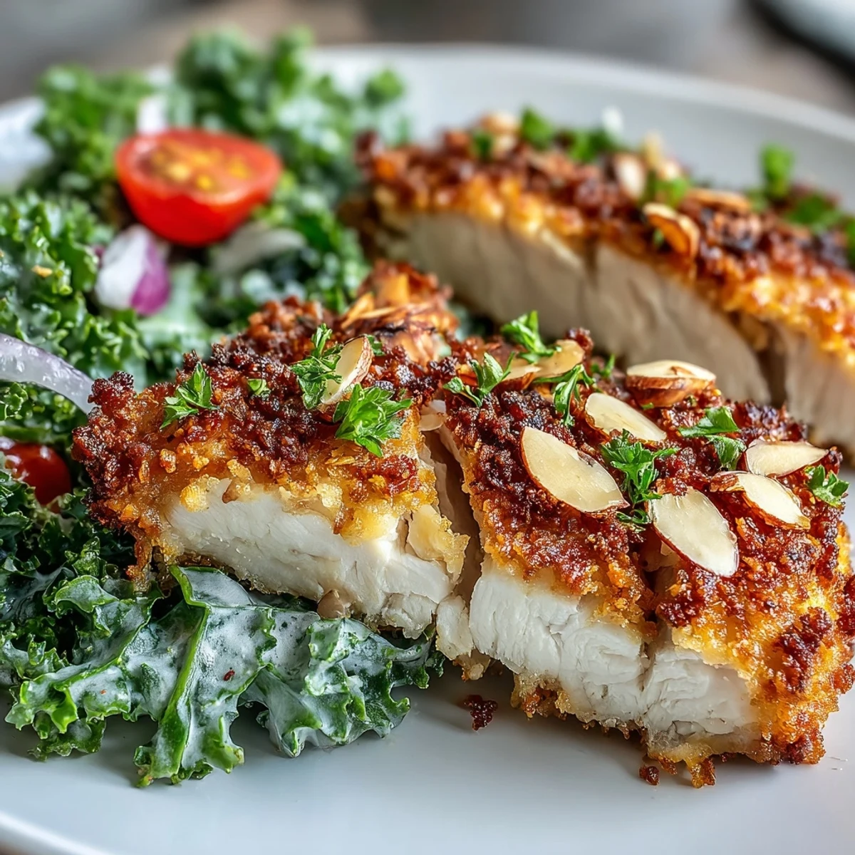 Golden-brown almond-crusted chicken breasts rest beside a vibrant bowl of marinated kale and sumac salad, garnished with fresh parsley and slivered almonds.