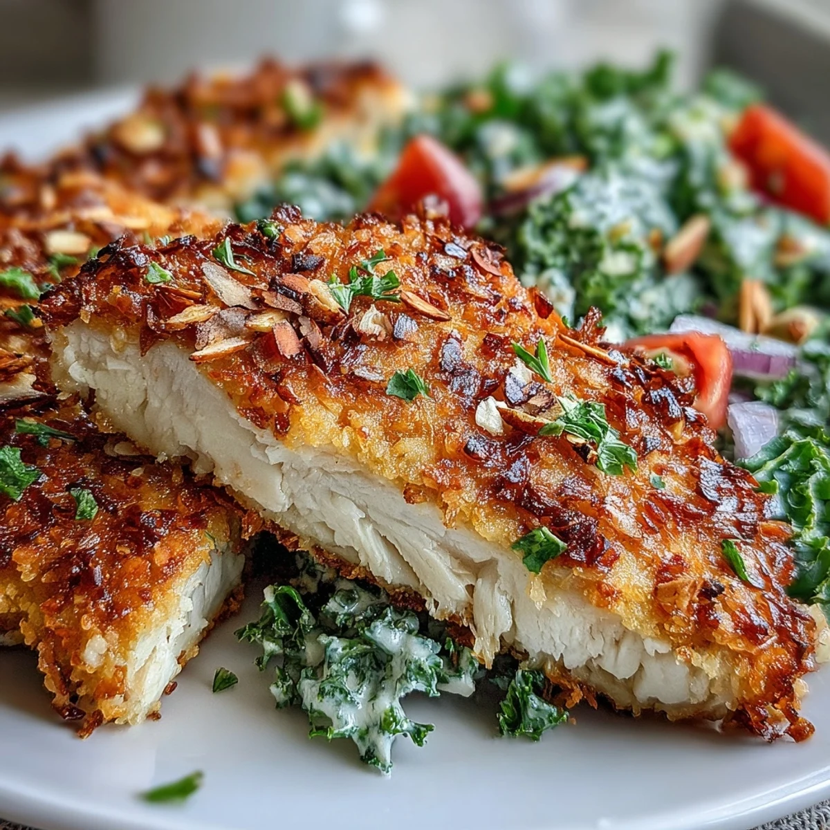 Freshly baked almond-crusted chicken sits next to a marinated kale and sumac salad, offering a wholesome and flavorful gluten-free main dish.