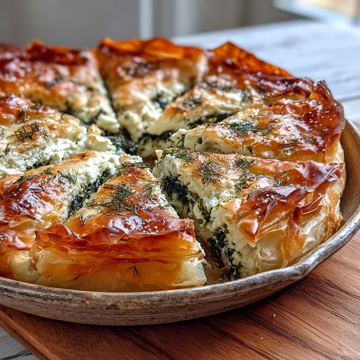 A single slice of Feta and Kale Börek reveals a creamy, savory interior with wilted kale.