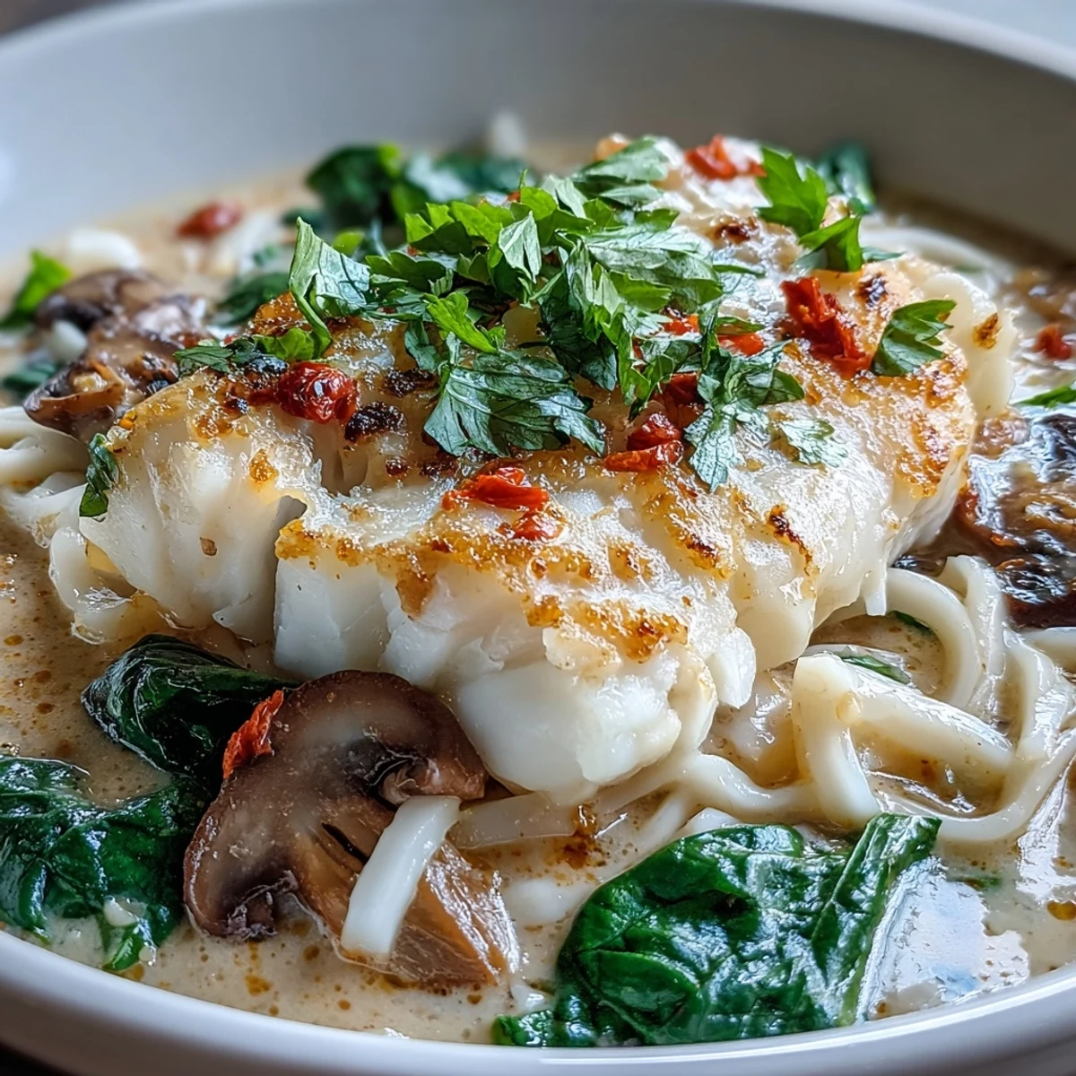 Silky udon noodles topped with tender poached cod in a fragrant, spiced coconut broth, garnished with fresh herbs and julienned carrots.