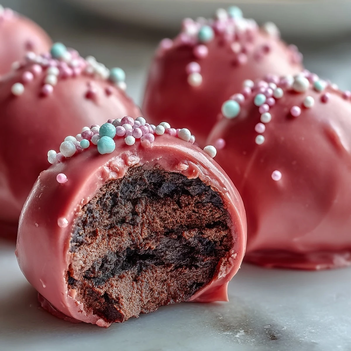 Vivid pink candy coated Oreo truffle balls with a crunchy shell and creamy cookie center on a dessert tray.