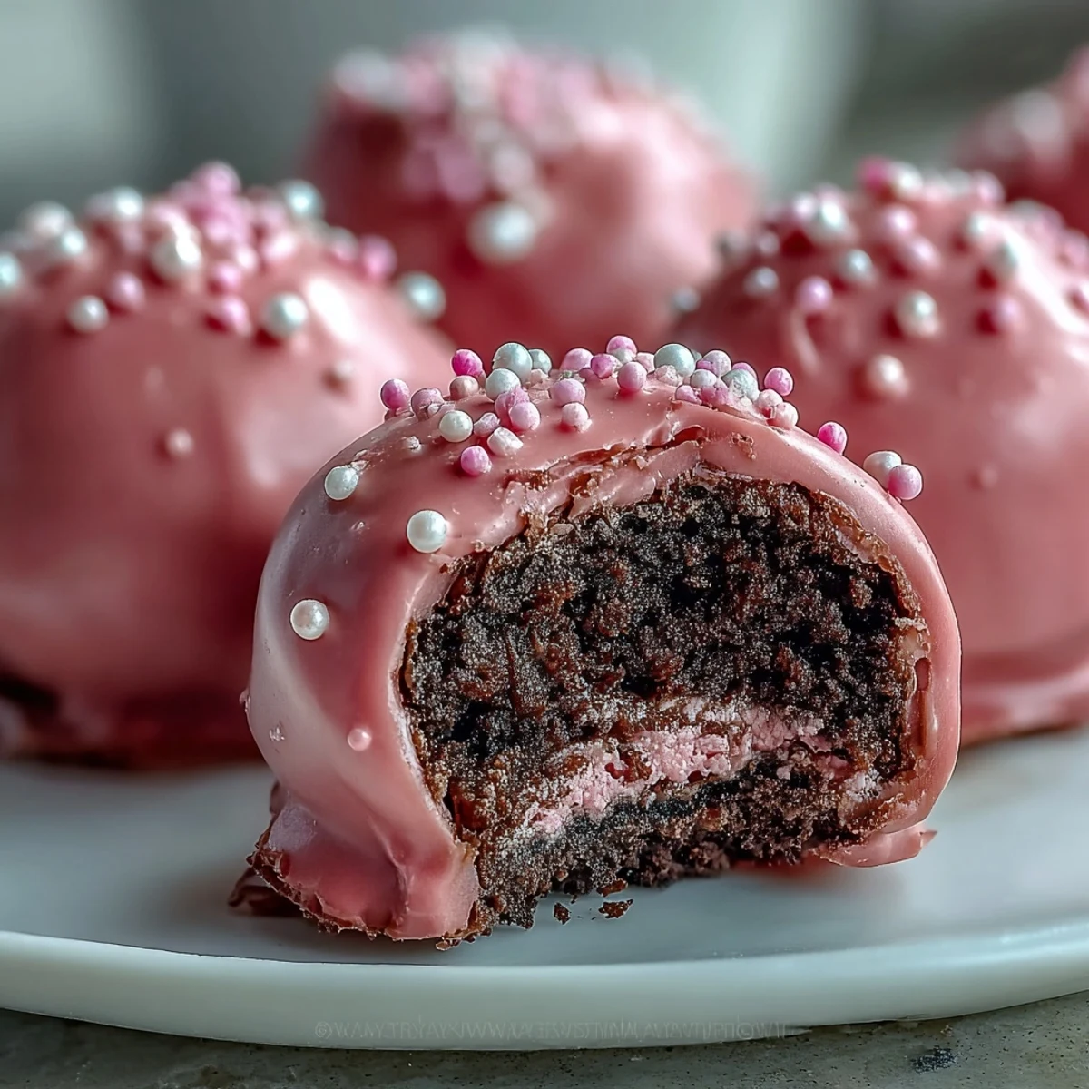 Stack of bite size Oreo truffle balls with glossy pink candy coating, ready to serve for parties or gifts.