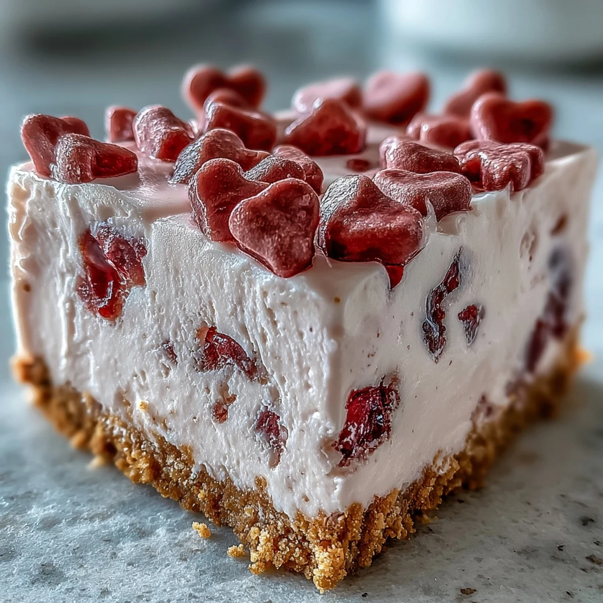 Candy Hearts Fake Cake slice on a plate topped with pastel sprinkles.