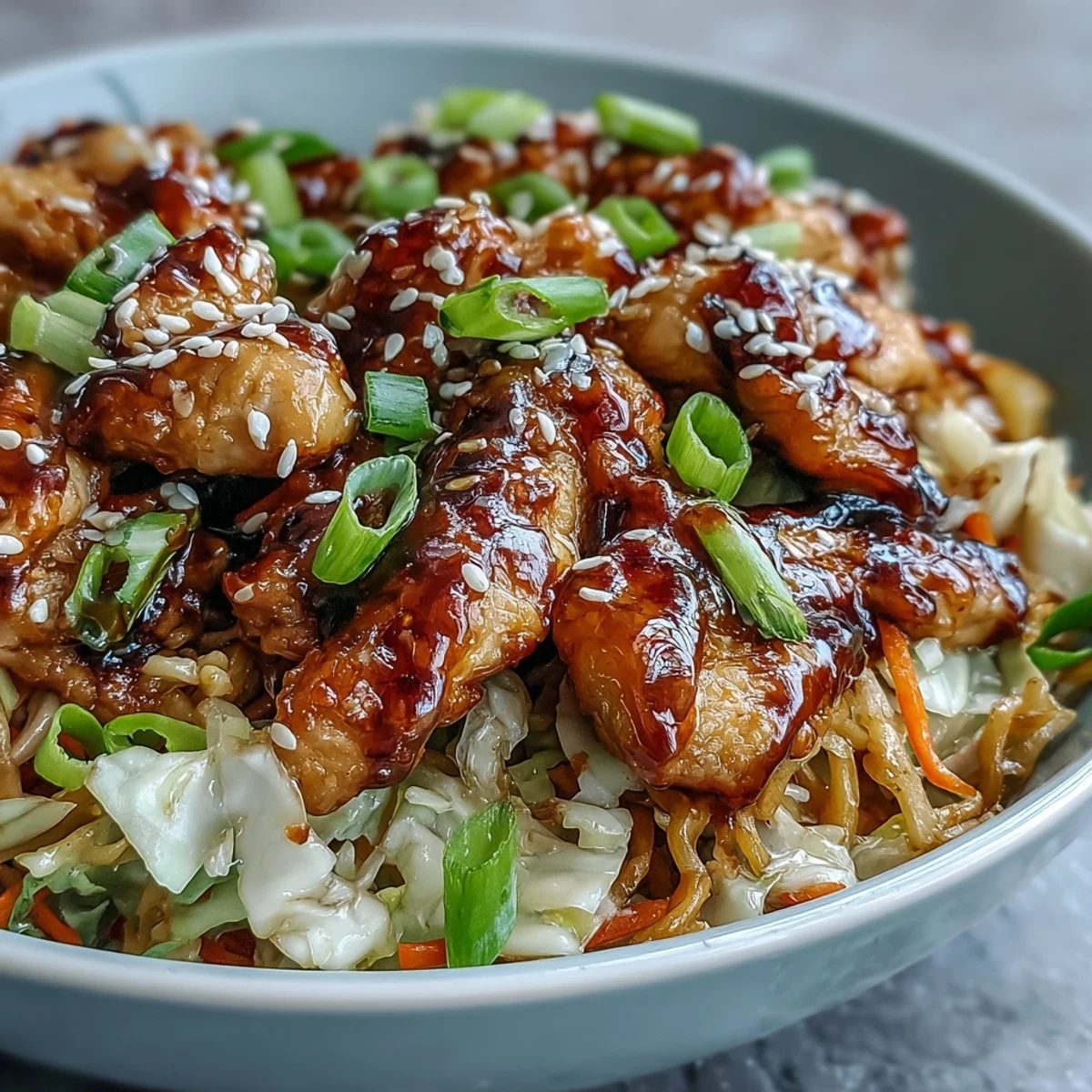 A hearty serving of Egg Roll Bowls with Chicken and Cabbage, drizzled with chili crisp and paired with fluffy white rice.