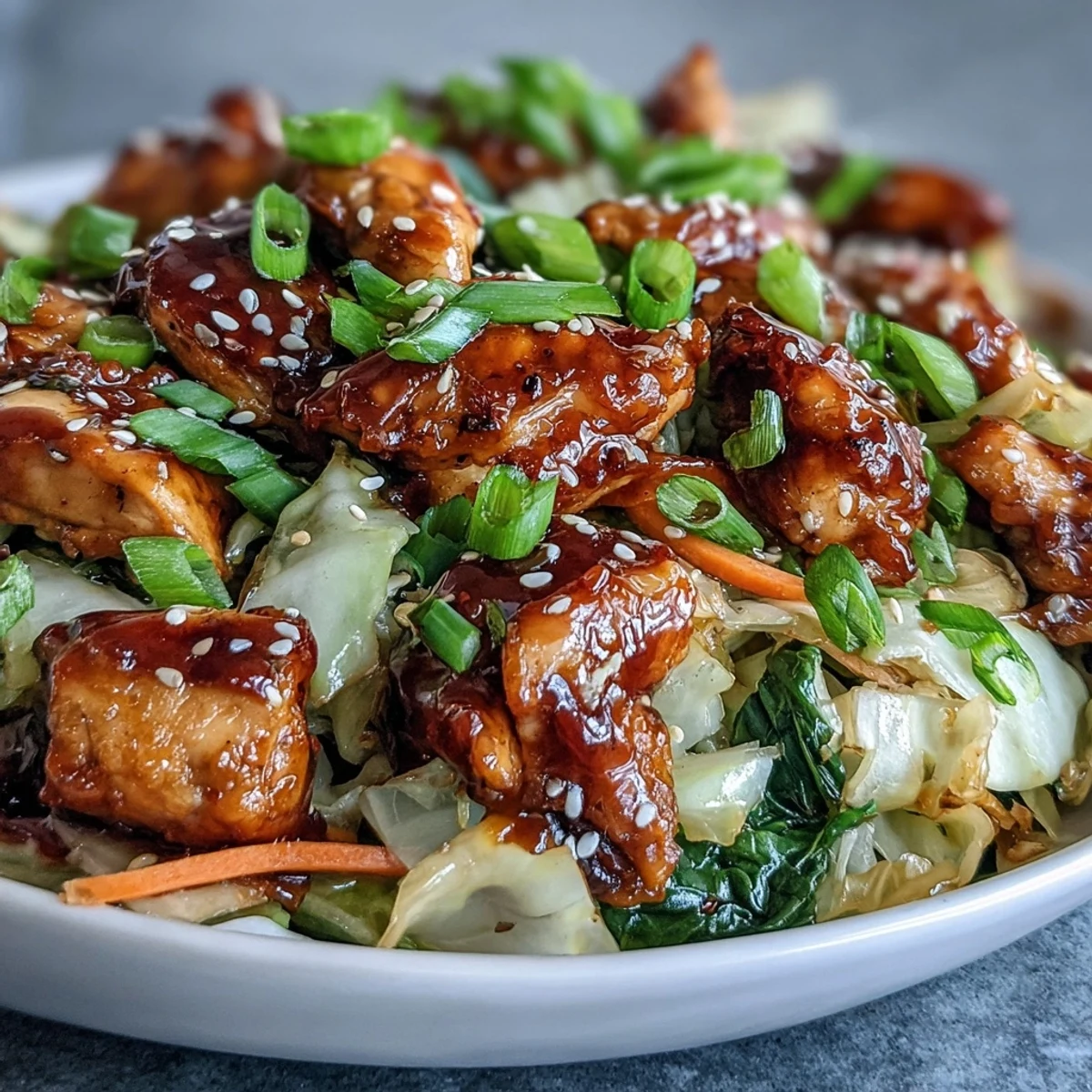 Sizzling chicken and crisp cabbage in Egg Roll Bowls with Chicken and Cabbage, garnished with sesame seeds and scallions.