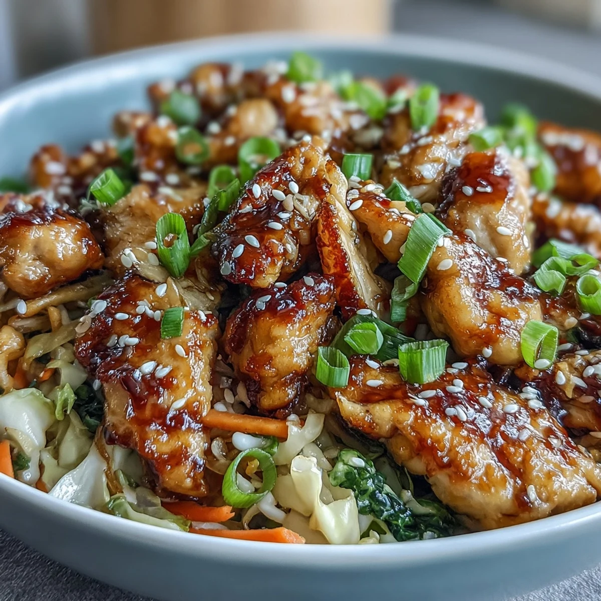 Colorful Egg Roll Bowls with Chicken and Cabbage featuring tender chicken, carrots, and onions in a glossy soy-sesame glaze.