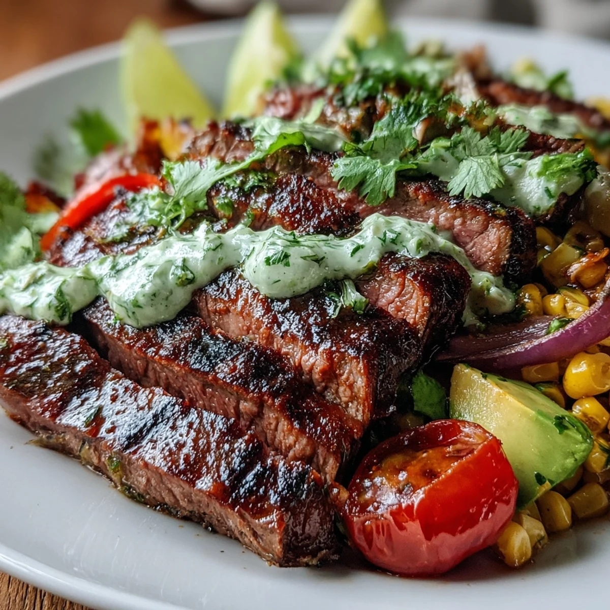 Grilled steak bowl features roasted corn, creamy avocado slices, Cotija crumbles, and a drizzle of zesty cilantro sauce.