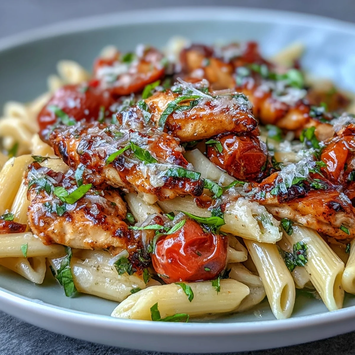A skillet of Bruschetta Chicken Pasta, garnished with Parmesan, highlights al dente noodles and tomatoes in a balsamic-infused sauce.
