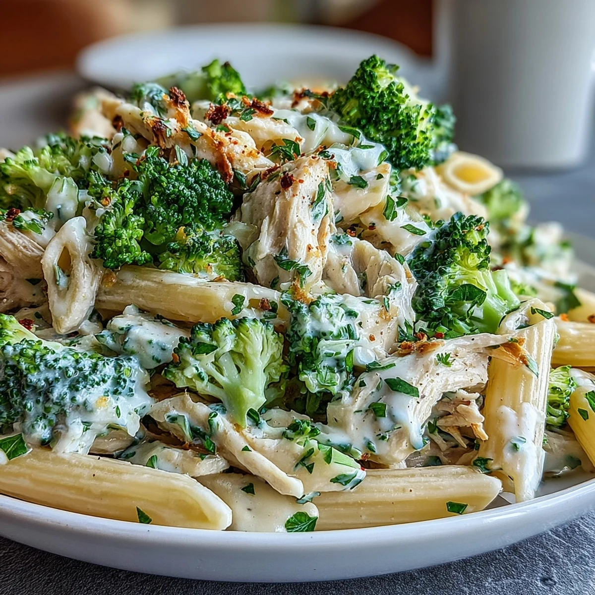 Steaming bowl of High Protein Rotisserie Chicken Broccoli Pasta featuring bright green florets and creamy Greek yogurt sauce.