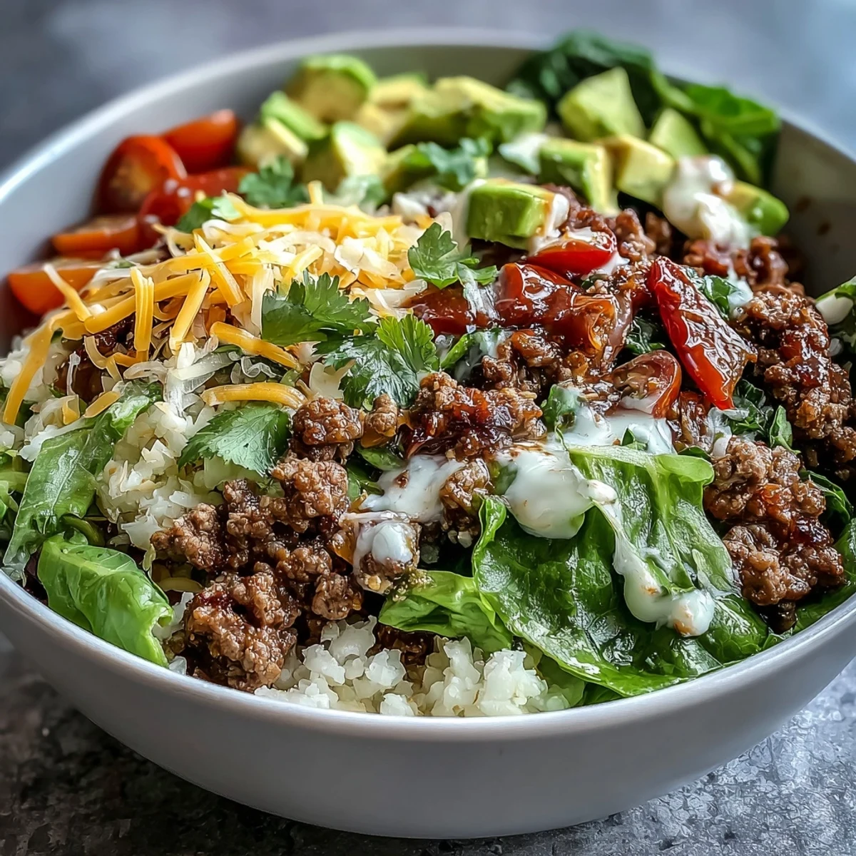 Ground beef sizzles with spices in a Low Carb Burrito Bowl topped with avocado, cheese, and lime.