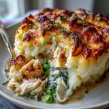 Freshly baked curried fish pie served in a rustic dish, revealing tender fish chunks in golden curry sauce.