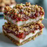 Close-up of Rhubarb and Custard Crumble Bars, showing tangy red rhubarb and creamy vanilla custard layers.