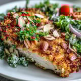 Crunchy almond and Parmesan coated chicken is plated over a colorful kale salad with cherry tomatoes, red onion, and a light lemon dressing.