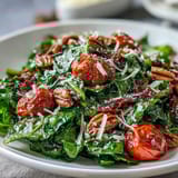 Bright dandelion greens salad with cherry tomatoes, shaved Parmesan, and lemon vinaigrette for a refreshing, zesty dish.