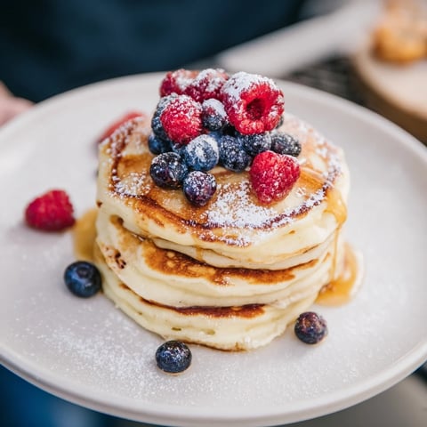 Fluffy Ricotta Pancakes, golden and light, topped with fresh berries, ready for a delicious breakfast.