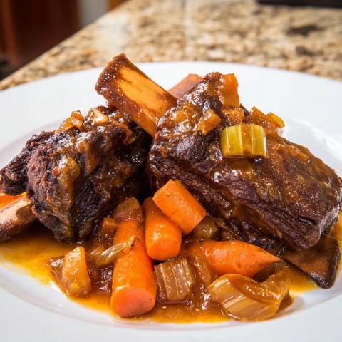One-Pot Amber-Glowed Beer-Braised Short Ribs, tender and glistening, sit in their rich, savory beer sauce.