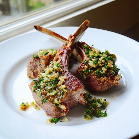 Pan-seared lamb chops, glistening with olive oil, paired with a vibrant, fresh mint sauce for a quick weeknight dinner.