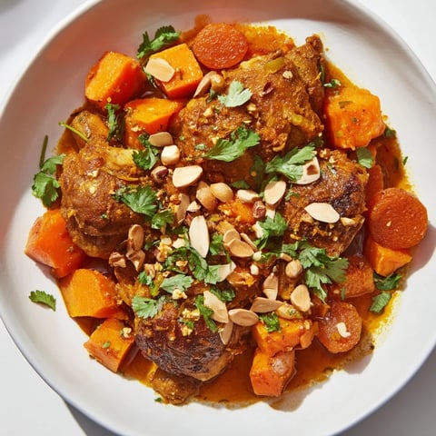 Golden slow-cooker Soft Spice Chicken and Sweet Potato Tagine, a flavorful and aromatic one-pot meal.