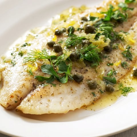 Flaky Lemon-Herb Tilapia with Capers, glistening with lemon and herbs, ready for serving.