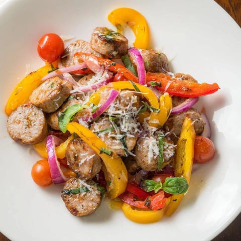 Sizzling Basil-Boosted Sausage and Pepper Skillet Supper, with colorful peppers and fragrant basil atop.