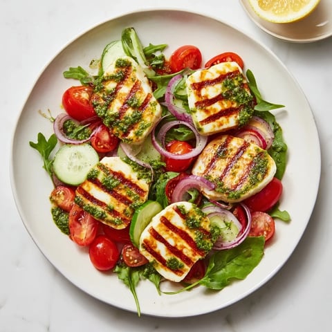 Golden grilled halloumi and pesto plate, vibrant with fresh vegetables and flavorful basil pesto.