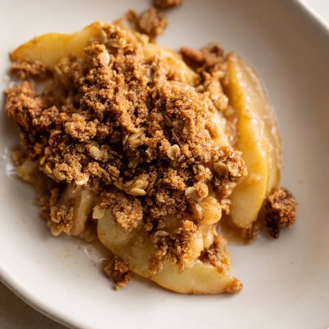 Golden-brown Soft Crumb Apple Crisp with bubbling apple filling, ready to serve warm.