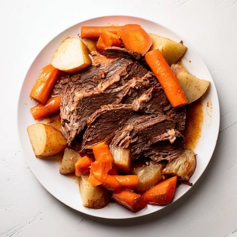 Tender, fall-apart Everyday Family Favorite Pot Roast surrounded by golden-brown root vegetables in a flavorful gravy.