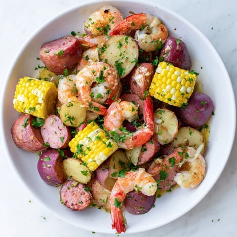 Steaming hot single-pot Seaside-Inspired Shrimp Boil with plump shrimp, corn, and sausage ready to eat.
