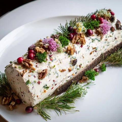 Festive Yuletide Log Cheese Centerpiece features a creamy, herb-speckled cheese log garnished with winter greens.