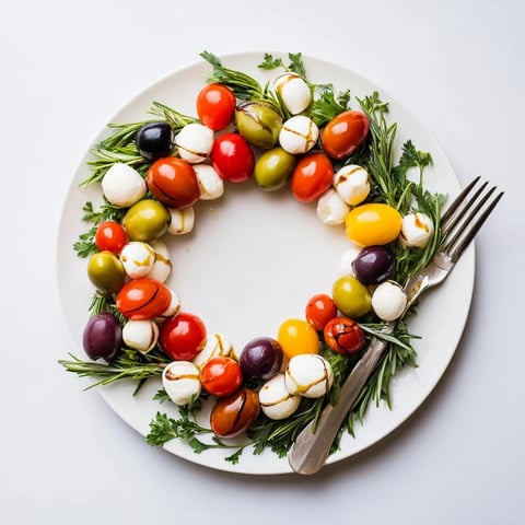 Vibrant Olive and Cherry Tomato Wreath appetizer ring with fresh herbs ready for guests.