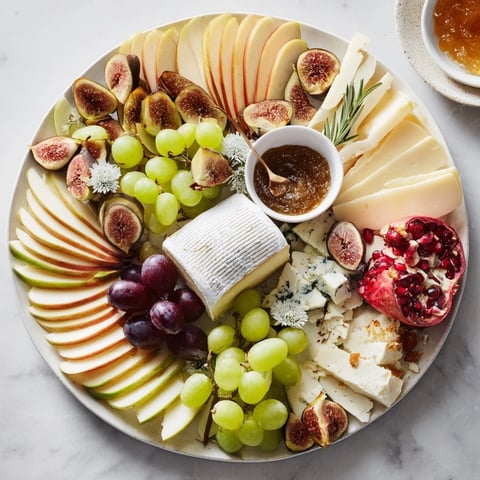Star of Bethlehem cheese platter arranged with artisanal cheeses and fresh fruit, a festive appetizer.