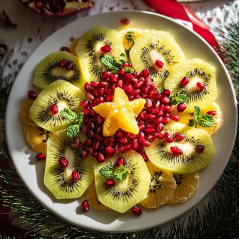 Vibrant Kiwi and Pomegranate Christmas Wreath showcases beautifully arranged fruit, festive and healthy for sharing.
