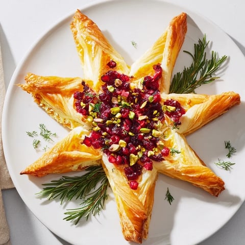 A dazzling overhead view of the Cranberry Christmas Star appetizer, baked to golden perfection.