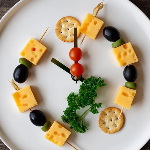 New Year's Eve Clock Countdown: a stunning party platter with crackers, olives, and cheese, ready to celebrate.