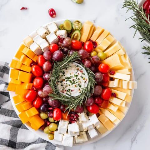 Festive Evergreen Wreath Board appetizer: cheeses, fruits, and meats arranged with fresh rosemary, a beautiful spread.