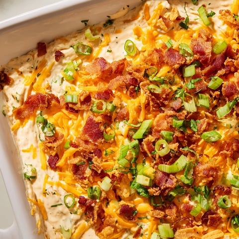 Golden, bubbly Cheesy Bacon Ranch Dip, served hot with crispy bacon crumbles and fresh herbs.