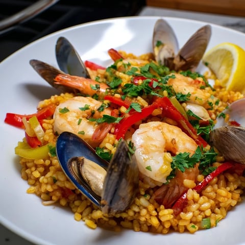 Sizzling Spanish Seafood Paella with plump shrimp and fragrant saffron rice ready to eat.